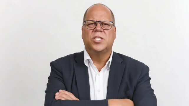 Serious Businessman with Glasses Posing Confidently in a Studio Setting, Neutral Background
