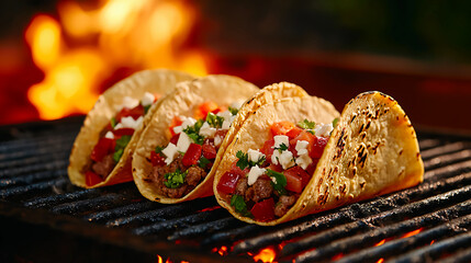 Grilled tacos filled with beef, cheese, and fresh vegetables, set on a barbecue grill with flames in the background.