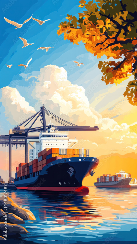 Poster a large cargo ship is sailing in the ocean with a few birds flying in the background. the sky is clo