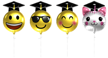 Graduation themed balloons, 3D render. Emojis and cat. Design elements with transparent background for compositing.