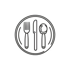 Outline Plate with Spoon, Fork, and Knife on Dish in Black and White on Transparent BG