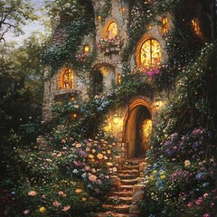 Fairy Palace Carved Into A Hillside Covered In Luminous Flowers And Vines,