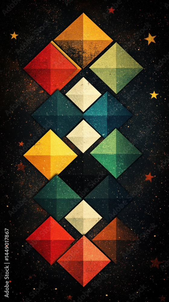 Poster a colorful image of a starry sky with a series of squares and triangles. the squares and triangles a