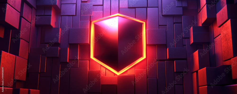 Poster a red cube with a glowing light on it is surrounded by a wall of grey blocks. the cube is the main f