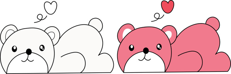 Cute bear falls in love coloring pages for kids and adults
