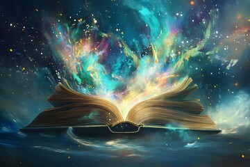 Open ancient book glowing cosmic nebula fantasy art vibrant colors magic sparks dark blue background