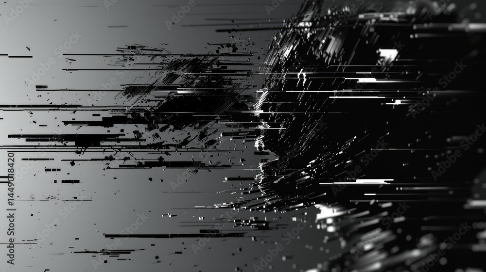 Poster abstract of complex glitch with pixel effect in dark background use shading and monochrome to expres