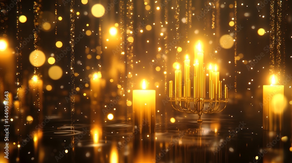 Poster golden candles and a grand candelabra illuminate a dark scene, with shimmering golden bokeh adding a