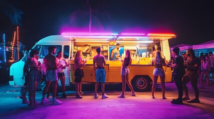 Night scene of a vibrant food truck at a festival, bathed in neon lights. Young adults queue, enjoying the lively atmosphere and illuminated surroundings. 