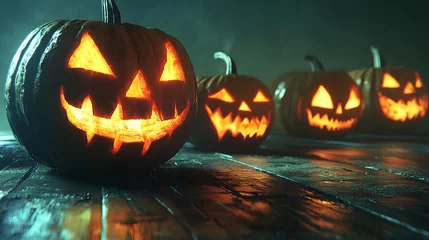 Fleecedeken met foto Four illuminated jack-o'-lanterns with scary faces sit on a dark wooden surface.  Spooky Halloween scene with moody lighting and atmospheric fog. © Aditya