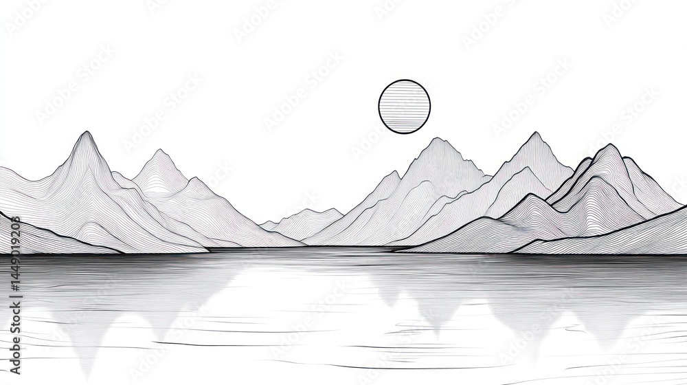 Aufkleber abstract monochrome mountain range reflecting on a calm lake with a moon in the background. use stoc