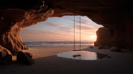 A swing is hanging from the ceiling of a cave
