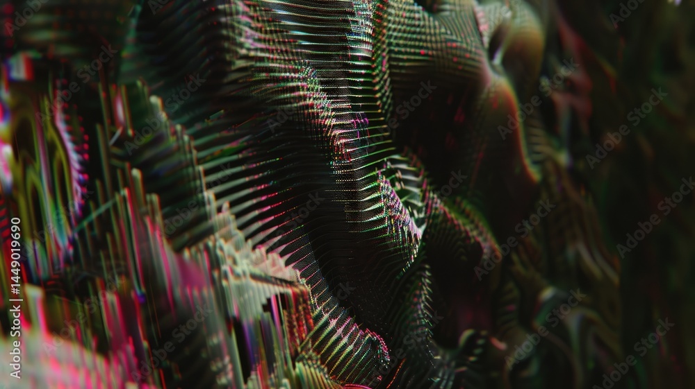 Poster discover a stunning 3d optical illusion featuring a glitch texture effect. this vibrant digital artw