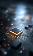 Illuminated processor on a circuit board hinting at advanced technologies and futuristic advancements