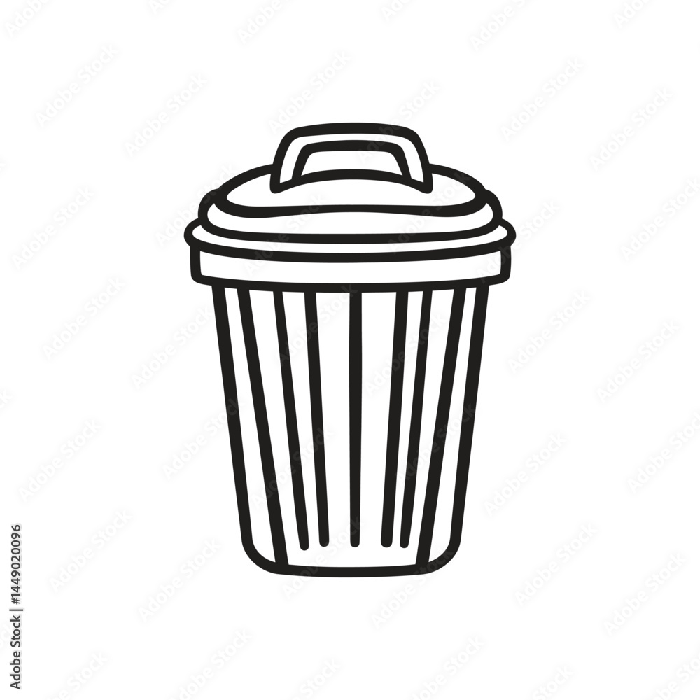 Poster outline trash can with lid icon in black isolated on transparent background