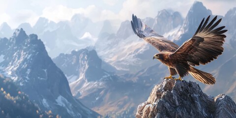a painting of a golden eagle perched on a rock with mountains in the background 