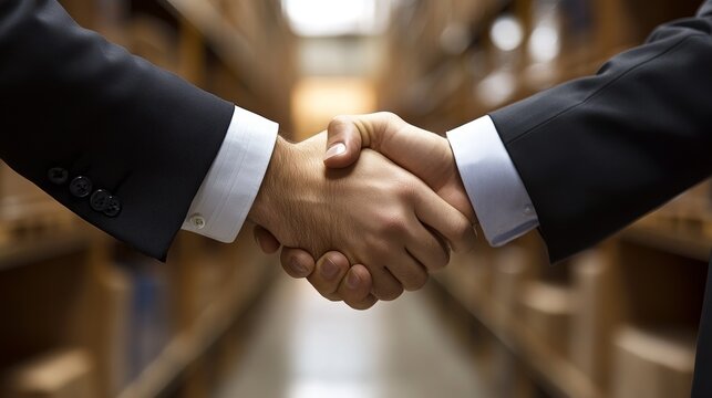 Close-up handshake between manager and worker in warehouse during business collaboration