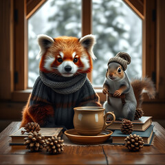 Imagem fotorrealista de panda-vermelho e esquilo em cabana, 16K, simétrica. Panda com suéter, esquilo com chapéu. Detalhes nítidos, luz natural. Fundo de pinheiros nevados.