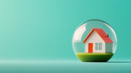 Home under glass bubble dome concept for security and insurance with copy space
