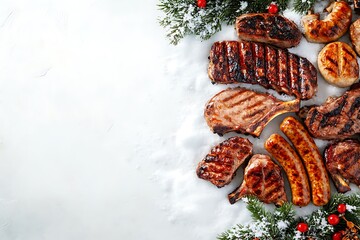 Delicious grilled meats and sausages a festive winter feast on snow with Christmas greenery perfectly seasoned and