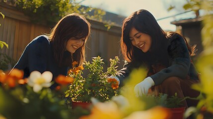 Sisters working together in the garden on a sunny spring day with colorful flowers