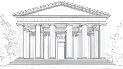 Obraz premium Architectural drawing of a classical building, front view, with steps and columns. Use for architecture books, education, or historical references