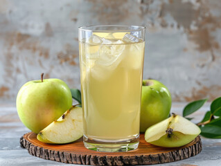 Refreshing apple juice with ice.  Fresh green apples, slices, and juice in a glass with ice