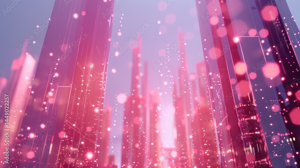 Poster explore an abstract virtual space filled with vibrant moving dots and pixels. this image captures a 