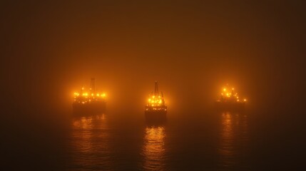 Obraz premium Oil rigs illuminated in dense fog at sea at night offshore industrial platforms