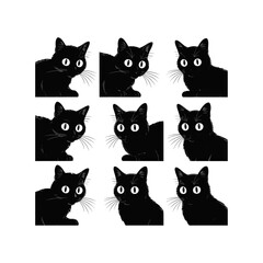Fototapeta premium A collection of playful black cat faces peeking out from corners, as if spying or curiously watching you. Stylized, expressive designs perfect for tattoos or minimalistic art