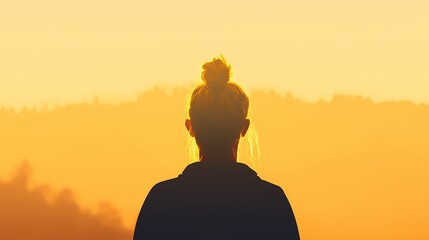 Silhouette of Woman at Sunset, Peaceful sunset view, woman looking at horizon