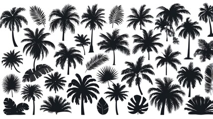 Palm tree leaf silhouettes set isolated on white background