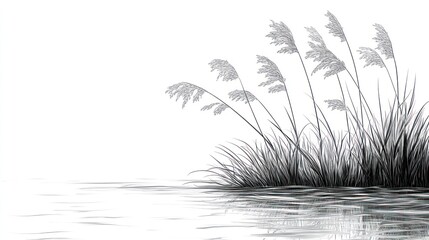Artistic grayscale reeds by water's edge
