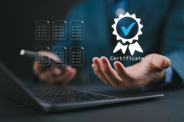 Business work and Assessment for the certificate concept, Man use laptop evaluation online survey...