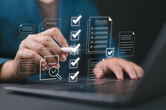 Policy documentation and compliance concept, Businessman checking on digital documents, Check steps through policies, certifications, financial detail, Quality inspection, Terms and Conditions.