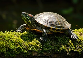 Fototapeta premium Red Eared Slider Turtle basking on mossy log