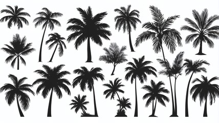 Palm tree leaf silhouettes set isolated on white background