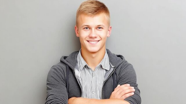 Cheerful young man with short blonde hair in casual outfit smiling confidently against grey background