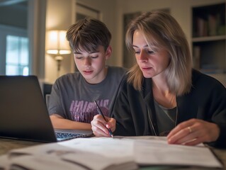 Mother helping her teenage son with homework at home using a laptop and printed materials