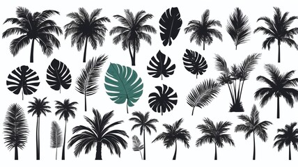 Palm tree leaf silhouettes set isolated on white background
