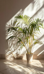 Palm's serene shadow dance a play of light illuminating textured wall and tiled flooring elegance indoors