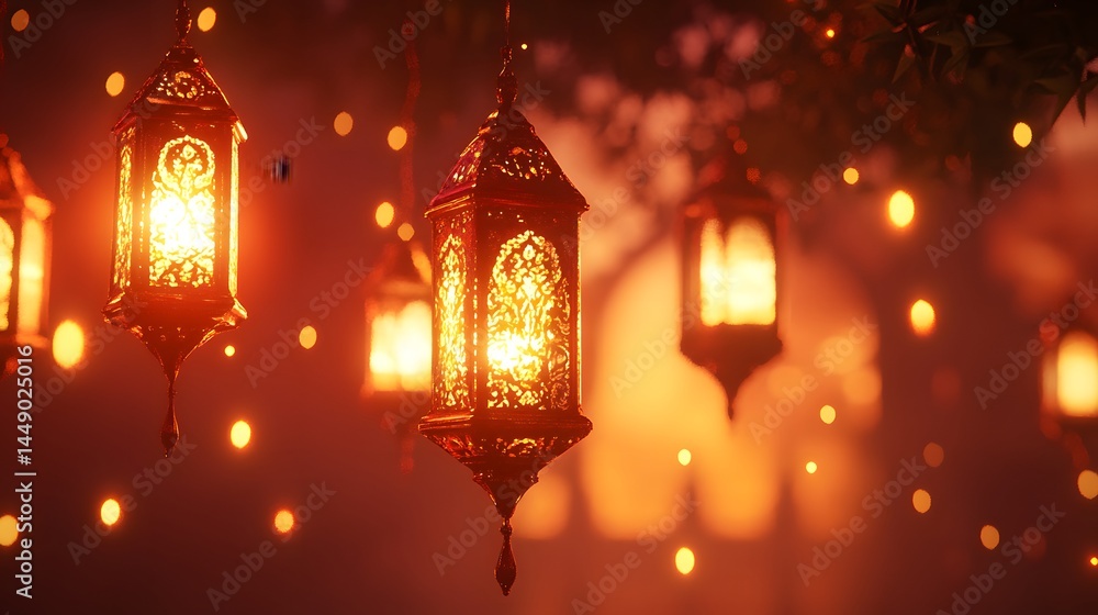 Aufkleber glowing ornate lanterns hang from a tree branch, casting a warm, inviting light. the bokeh effect cr