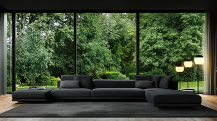 Contemporary interior with charcoal sectional sofa and lush green view