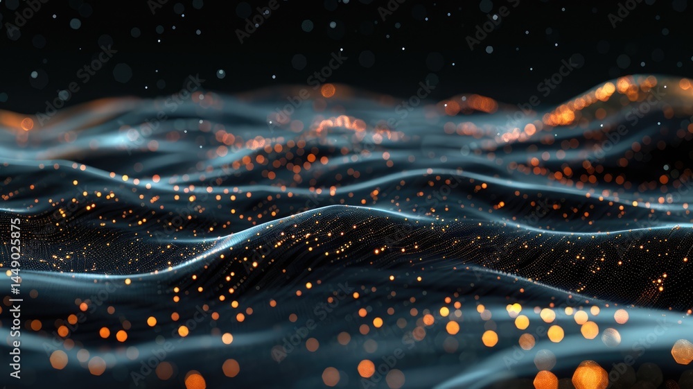 Poster abstract picture micro light sparkling particle represent data flow. vivid flowing wave with high te
