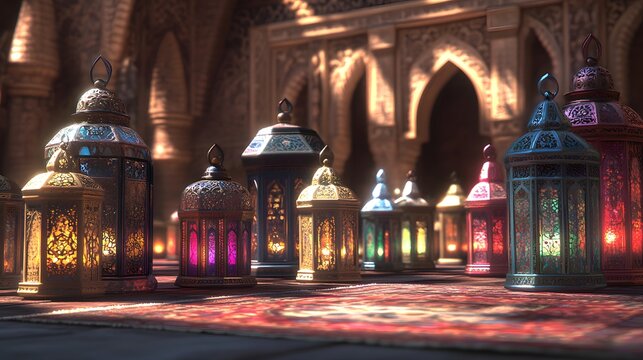 Intricate, colorful lanterns illuminate a dimly lit ancient mosque.  Warm light spills from within, casting enchanting shadows. A beautiful scene of peace and serenity. - Powered by Adobe
