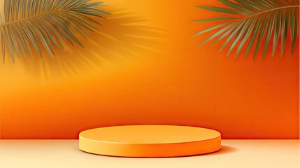 Obraz premium Empty, round, orange podium, tropical foliage backdrop.