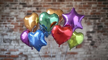 A bunch of colorful heart and star-shaped balloons against a blurred brick wall background. Perfect for celebrations and festive occasions.