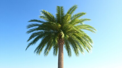 Lush green palm tree against a clear blue sky.
