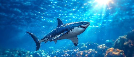 Fototapeta premium Great white shark in deep blue ocean (1)