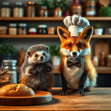 Imagem fotorrealista de raposa e ouri&ccedil;o em cozinha, 16K, sim&eacute;trica. Raposa com avental, ouri&ccedil;o com gravata. Detalhes n&iacute;tidos, luz cinematogr&aacute;fica. Fundo de prateleiras.